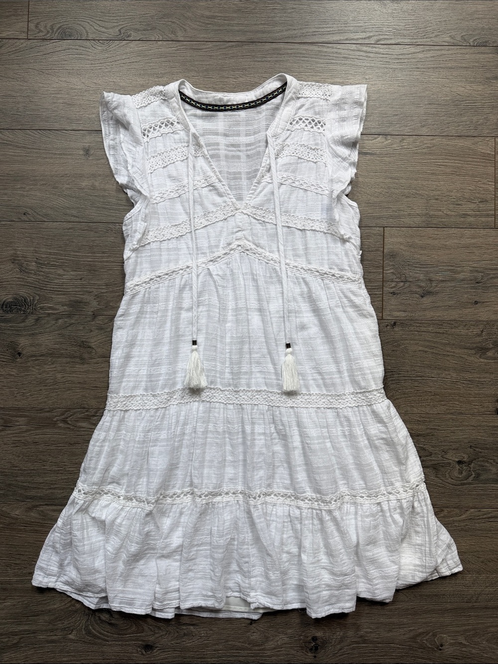 White Boho Tassel Tiered Mini Dress | Lace Detail | Size S